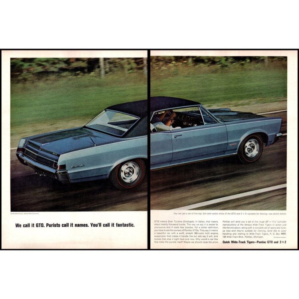 1965 Pontiac GTO Coupe 2 Page Vintage Print Ad Red Stripe Tires Wide Track Art